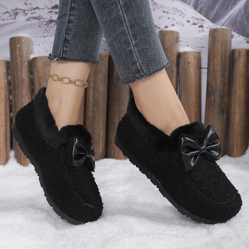 Sewing Fleece - รองเท้าผู้หญิงสำหรับฤดูหนาว รองเท้าบูทบุขนเฟลซ พร้อมโบว์ กันลื่น พื้นนุ่ม ใส่สบายสำหรับผู้หญิง